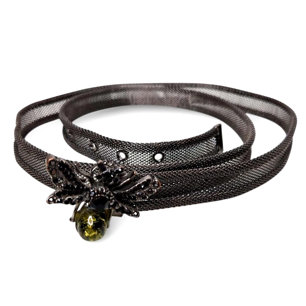 Jeweled Hornet Buckled Belt Women's Skinny Rolled Mesh Body Rhinestone Mesh